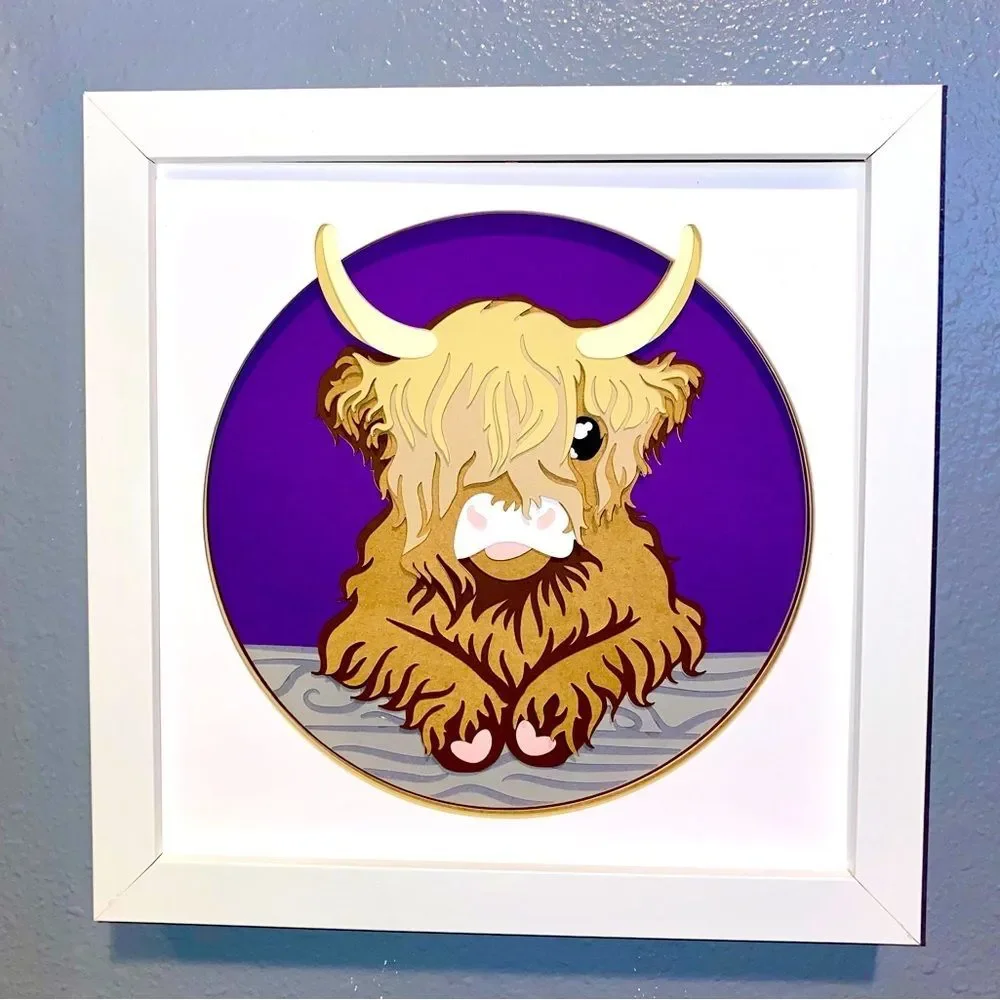 3D Purple Highland Cow On Log Shadowbox